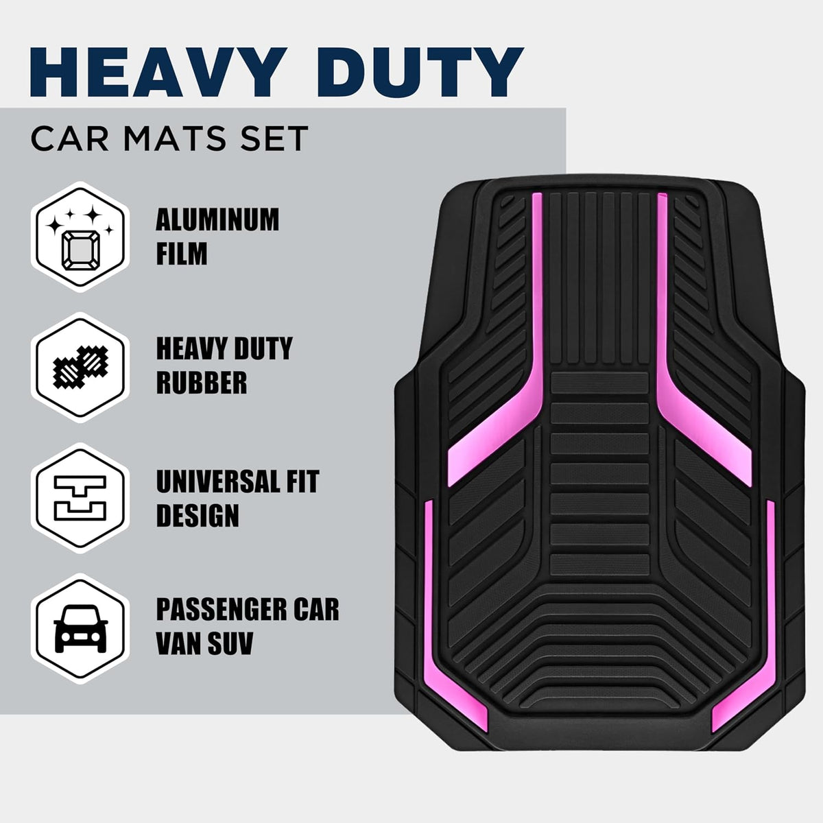 PIC AUTO Heavy Duty Rubber Floor Mats, Purple Aluminum Film Car Mats Set, Front and Rear Car Mats with Anti-Slip Backing, All Weather Protection, Trim-to-Fit for Automotive SUV, Sedan, Van