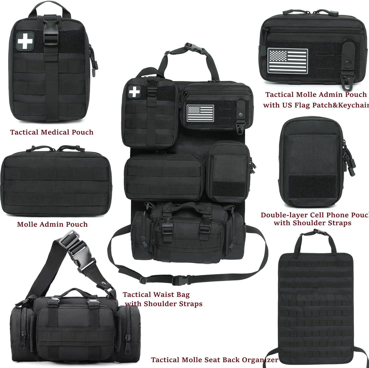 6 Pack Tactical Molle Car Seat Back Organizer - Tactical Vehicle Panel Organizer with 5 Detachable Molle Pouch,US Flag Patch and Keychain,Great Trunk Accessories for Man