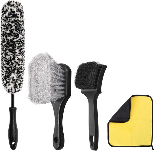 4PCS Compact Wheel & Tire Cleaning Kit - 360° Flexible Synthetic Wool Rim Brush, 2 Dual-Bristle Brushes & Microfiber Towel | Scratch-Free for All Vehicles