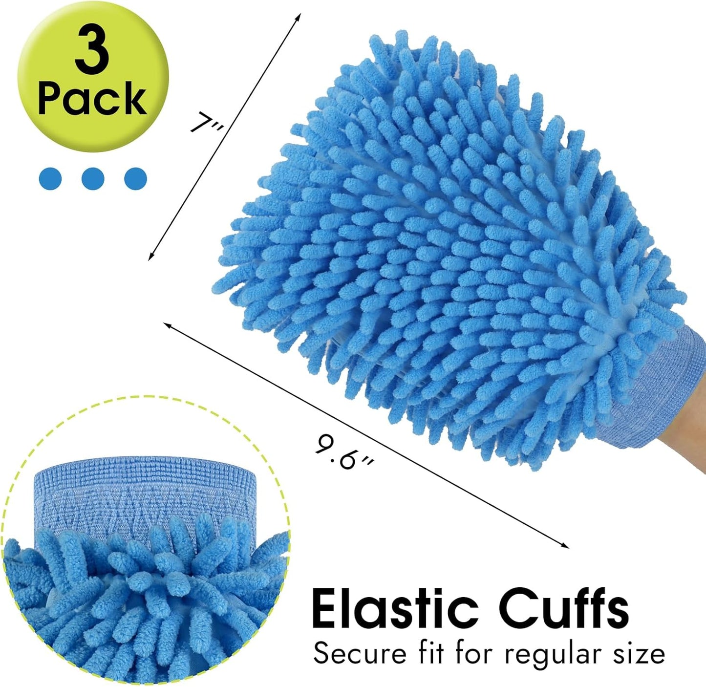 3 Pack Chenille Microfiber Car Wash Mitt, 7" x 9.6" Car Washing Mitts, Home Dusting Gloves, Scratch Free Lint-Free, Highly Absorbent, Double Sided, for Cleaning Detailing Polish (Green)