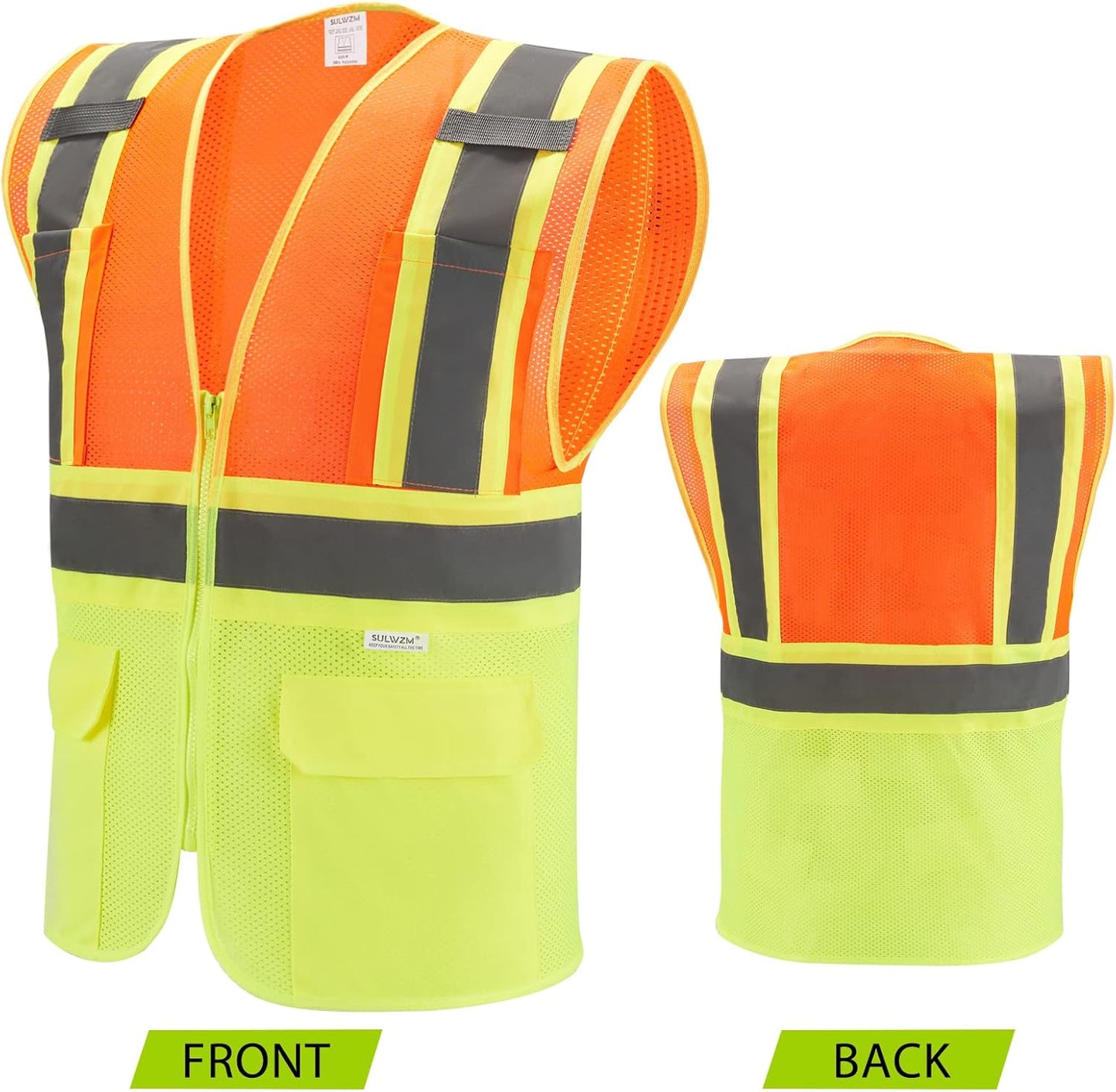 High Visibility Reflective Safety Vest with Zipper and Pockets Orange,M