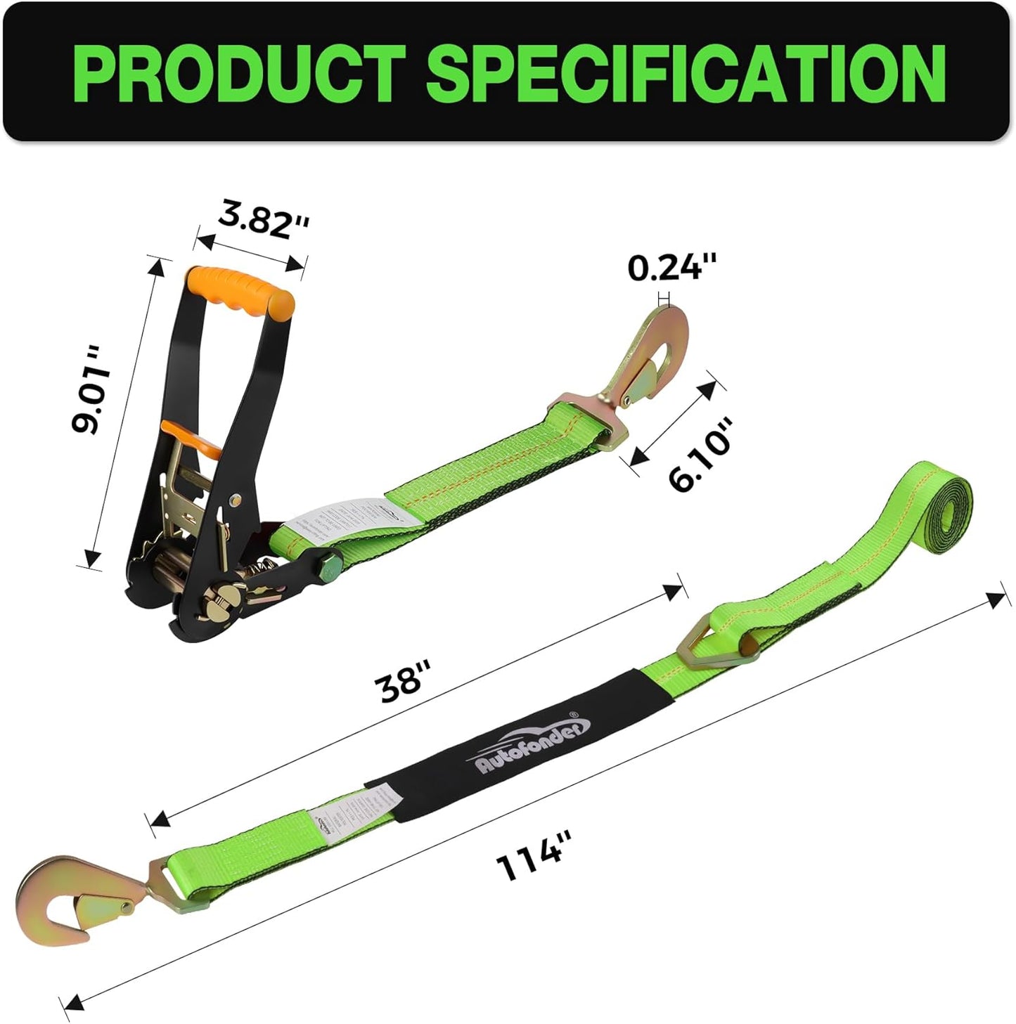 Heavy Duty Adjustable Car Tie Down Kit with Snap Hooks -Break Strength 10,000 lbs-Working Load 3333 lbs-2 Inch x 114 Inch - 4 Pack Axle Tie Down Straps (Yellow)