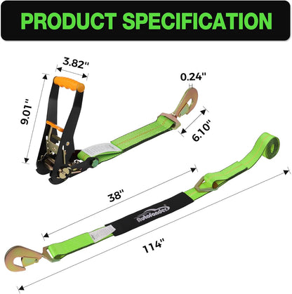 Heavy Duty Adjustable Car Tie Down Kit with Snap Hooks -Break Strength 10,000 lbs-Working Load 3333 lbs-2 Inch x 114 Inch - 4 Pack Axle Tie Down Straps (Yellow)