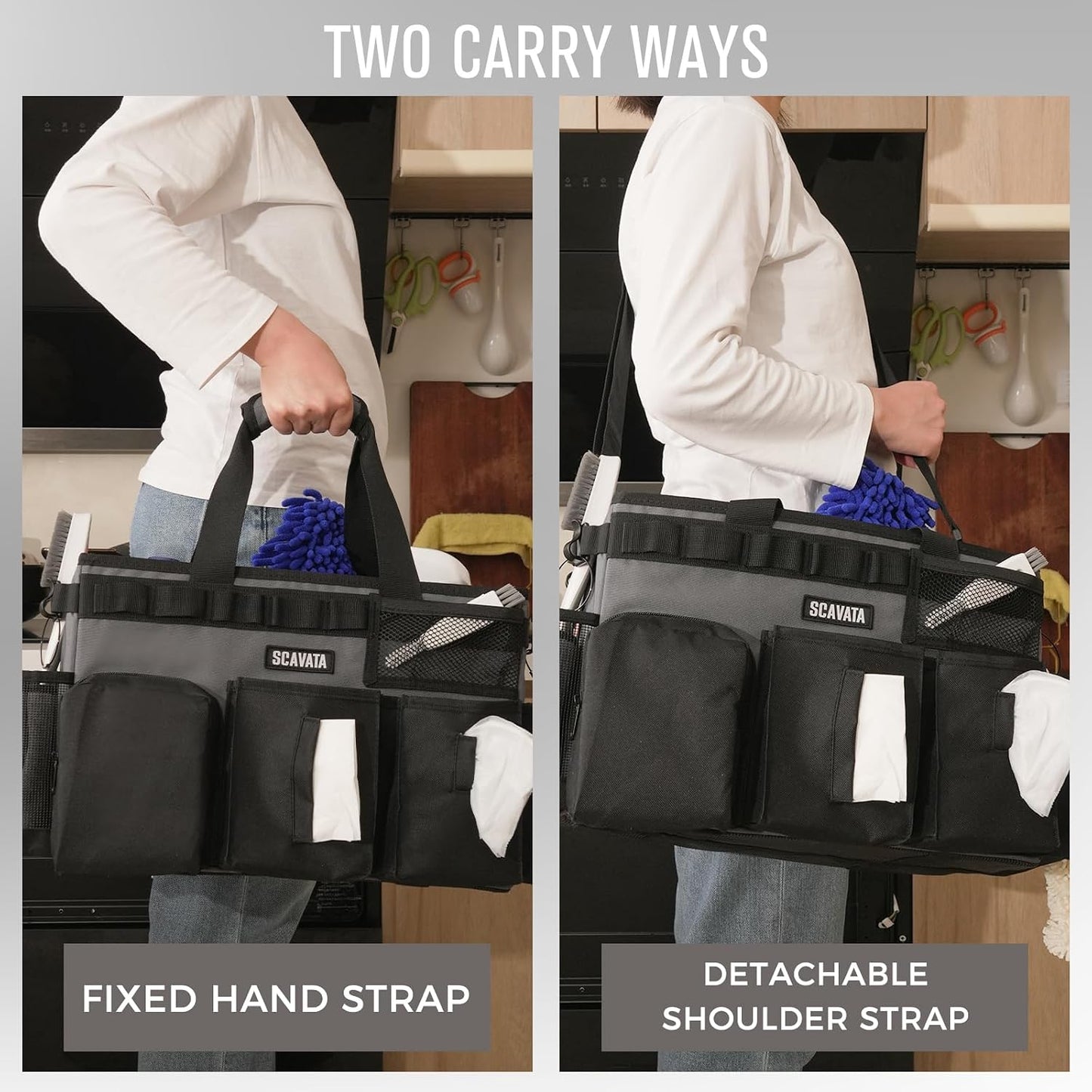 SCAVATA Wearable Cleaning Caddy Bag, Supplies Organizer with Handle & Shoulder Straps for Housekeepers, Under Sink & Car Cleaning Tool Organizer with 4 Foldable Dividers (Black)