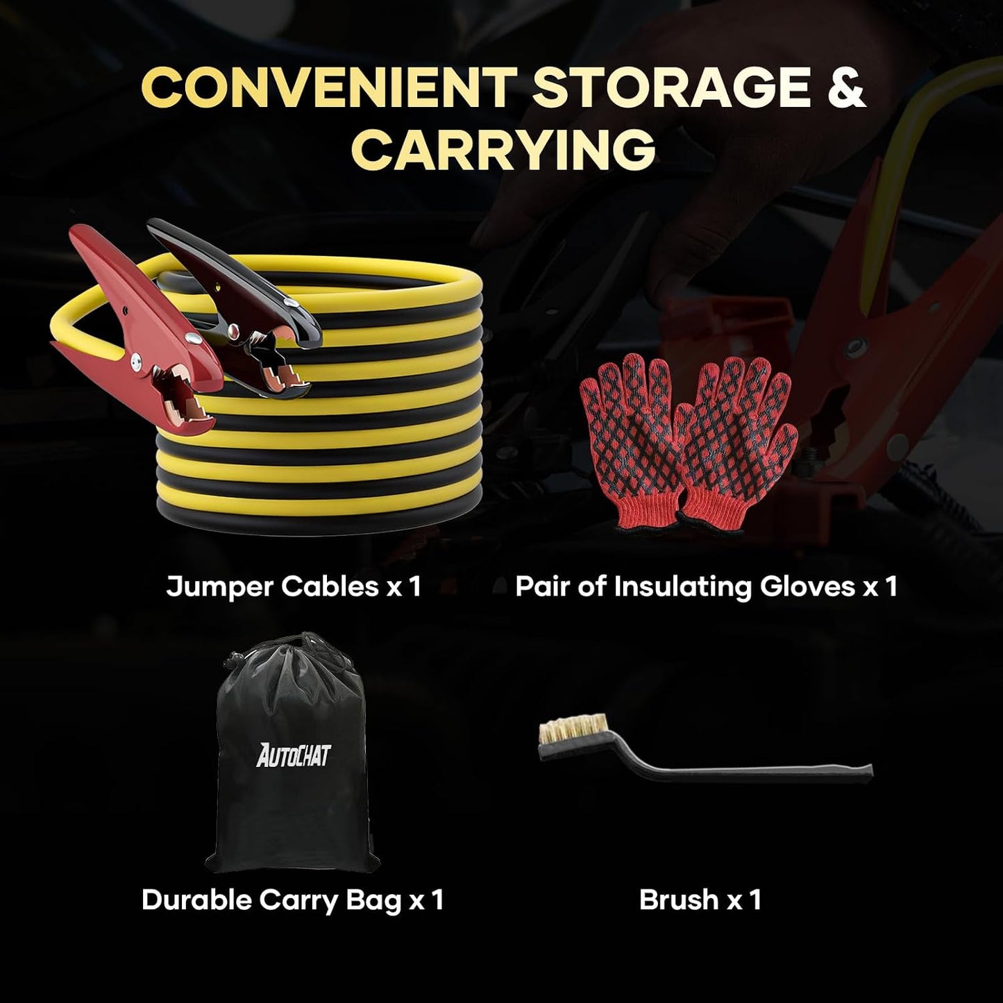 Jumper Cables for Car, Heavy Duty Automotive Booster Cables for Car, SUV and Trucks Battery, for Jump Starting Dead or Weak Batteries with Carry Bag, Gloves, Brushes(6 Gauge 16 Feet)