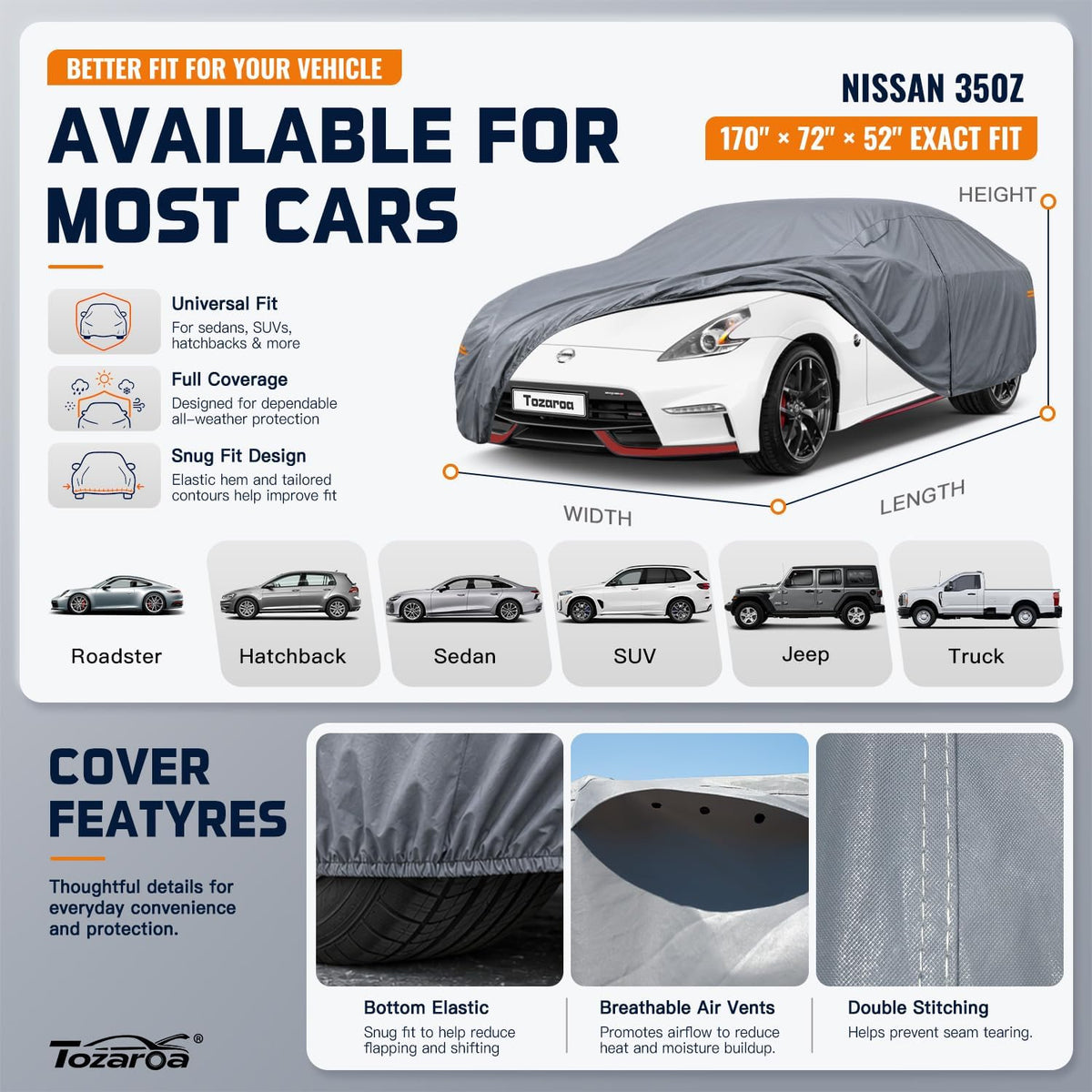 SUV Cover Waterproof All-Weather,Outdoor Full Exterior Automobiles SUV(Length 182-190 inch) with Windshield Sun Shade Universal Fit Toyota RAV4,CRV,Model Y,Q5,Size S2 (See SizeChart)