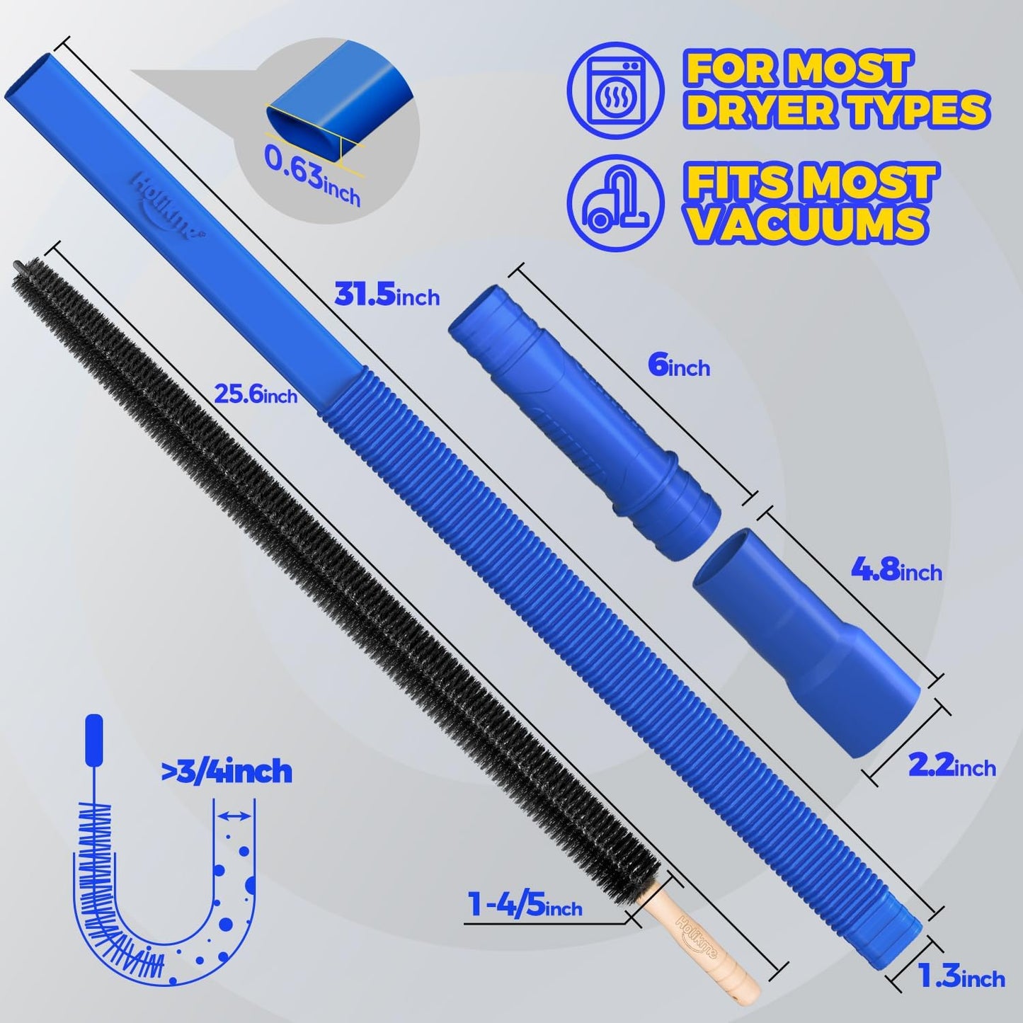 Holikme 2 Pieces Dryer Vent Cleaner Kit, Dryer Lint Vacuum Attachment and Flexible Dryer Lint Brush, Dryer Vent Vacuum Hose Attachment,Blue