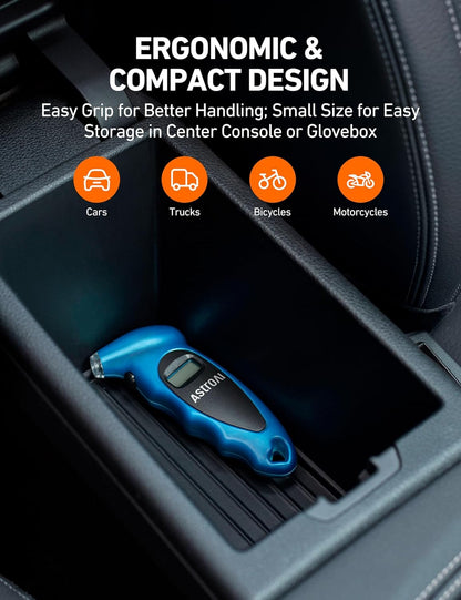 AstroAI Digital Tire Pressure Gauge 0-150PSI Calibrated to ANSI B40.7 +/-1PSI, Accurate in 0.1 Increments, Tire Repair Tools 4 Pressure Measurements for Car Truck with Backlight LCD, Silver