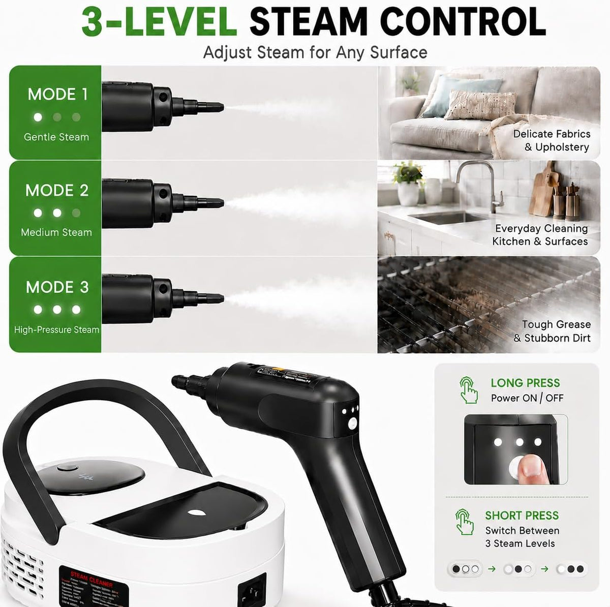 Handheld Steam Cleaner for Home, 2500W High Pressure Steam Cleaner for Car Detailing, 3 Steam Levels, 1600Ml Tank, High Heat Steamer for Bed Bugs, Couch, Furniture, Kitchen, Bathroom, Floors