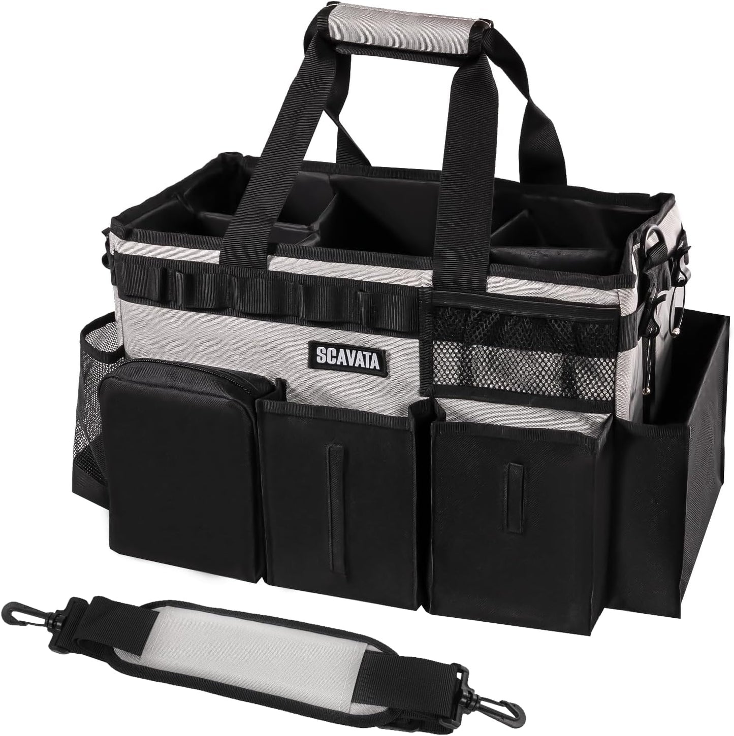 SCAVATA Wearable Cleaning Caddy Bag, Supplies Organizer with Handle & Shoulder Straps for Housekeepers, Under Sink & Car Cleaning Tool Organizer with 4 Foldable Dividers (Black)