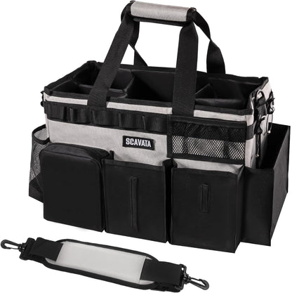 SCAVATA Wearable Cleaning Caddy Bag, Supplies Organizer with Handle & Shoulder Straps for Housekeepers, Under Sink & Car Cleaning Tool Organizer with 4 Foldable Dividers (Black)