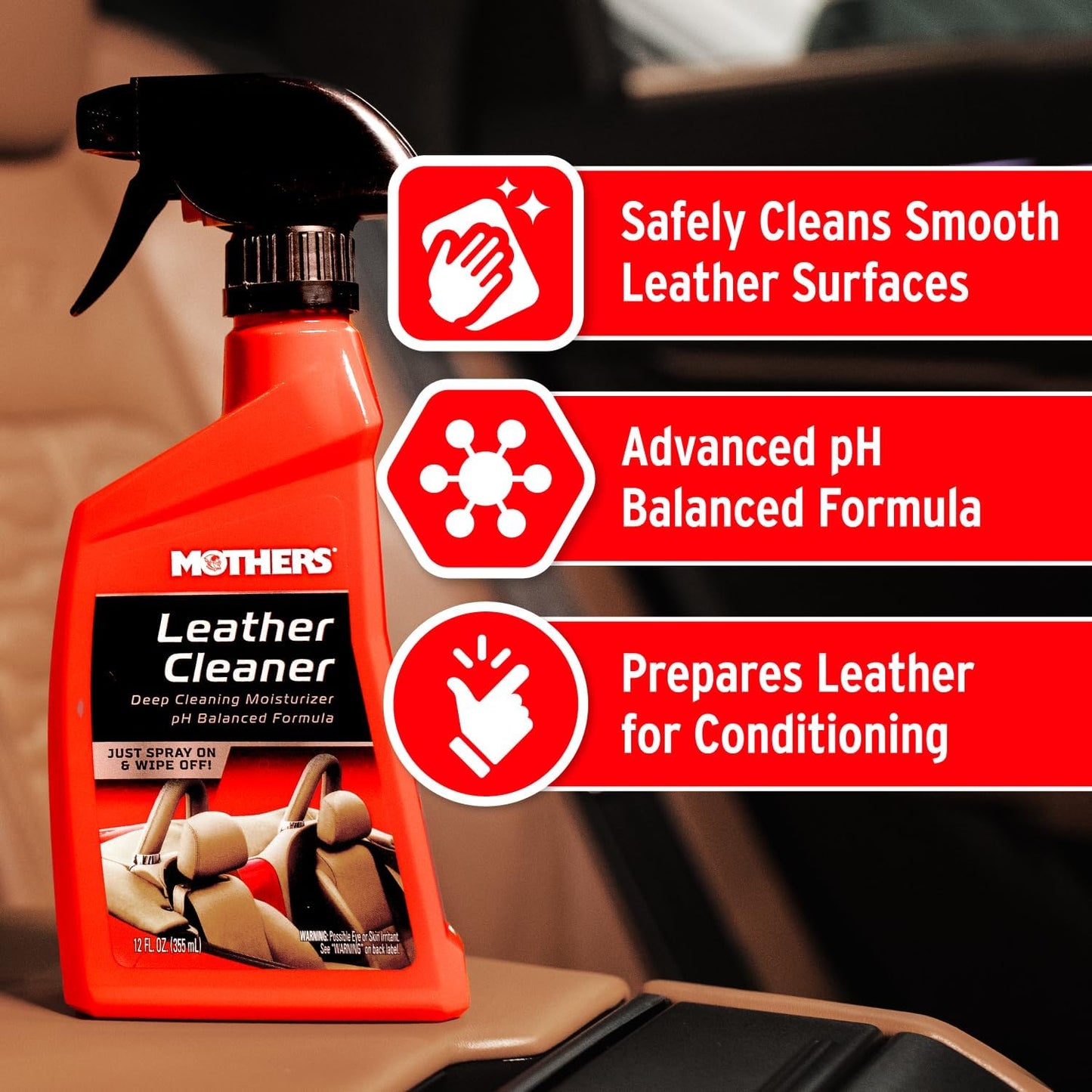 Mothers Leather Cleaner, 12 oz. — Advanced pH Balanced Formula Safely Deep Cleans & Moisturizes Leather Surfaces, Preps for Conditioning to Enhance Appearance & Longevity (06412)