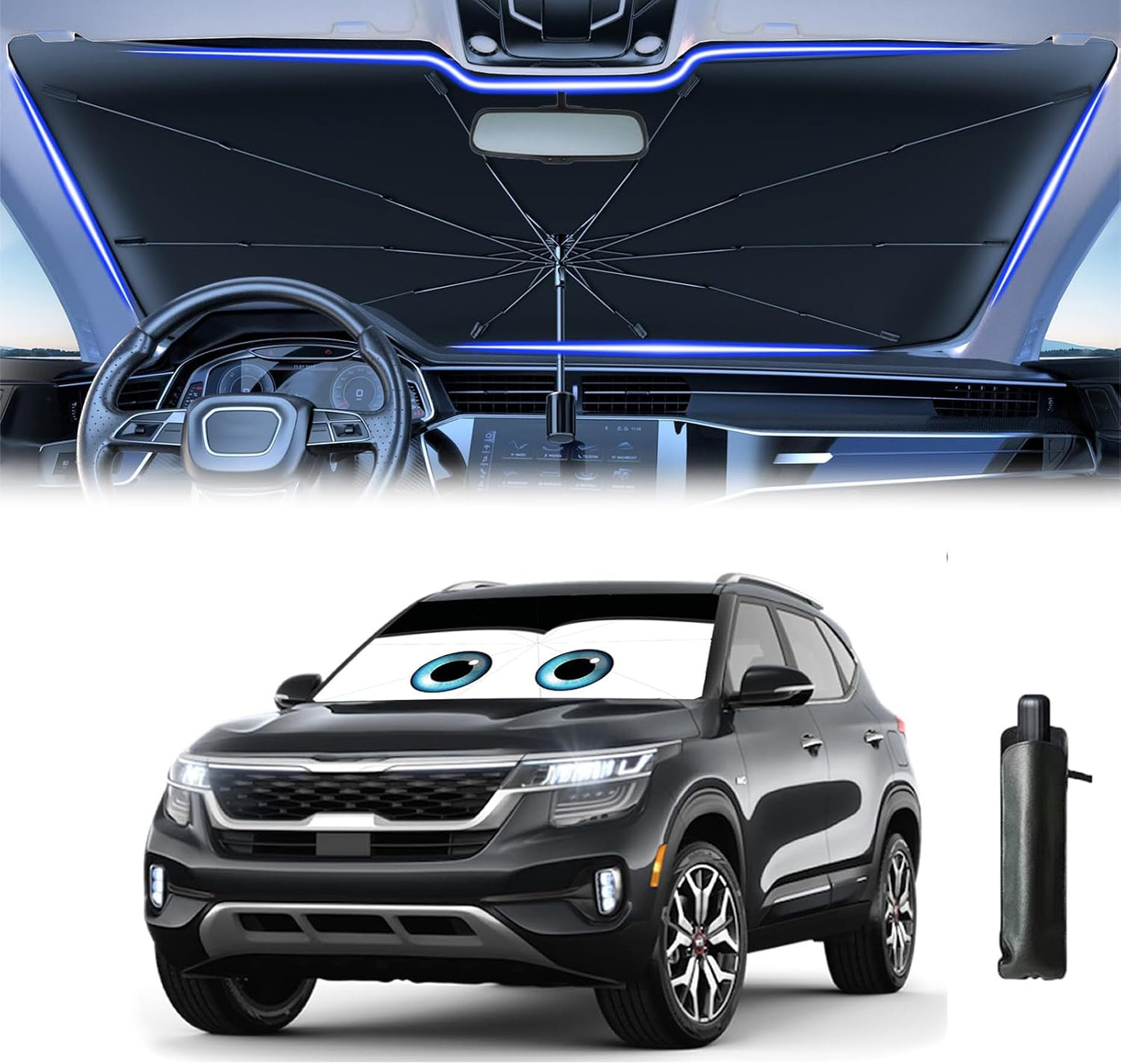 Windshield Sun Shade 2025 Car Accessories 100% Blackout Car Front Windsow Shades Umbrella Automotive Sun Visor Block Heat Insulation Protection (Black Eyes)