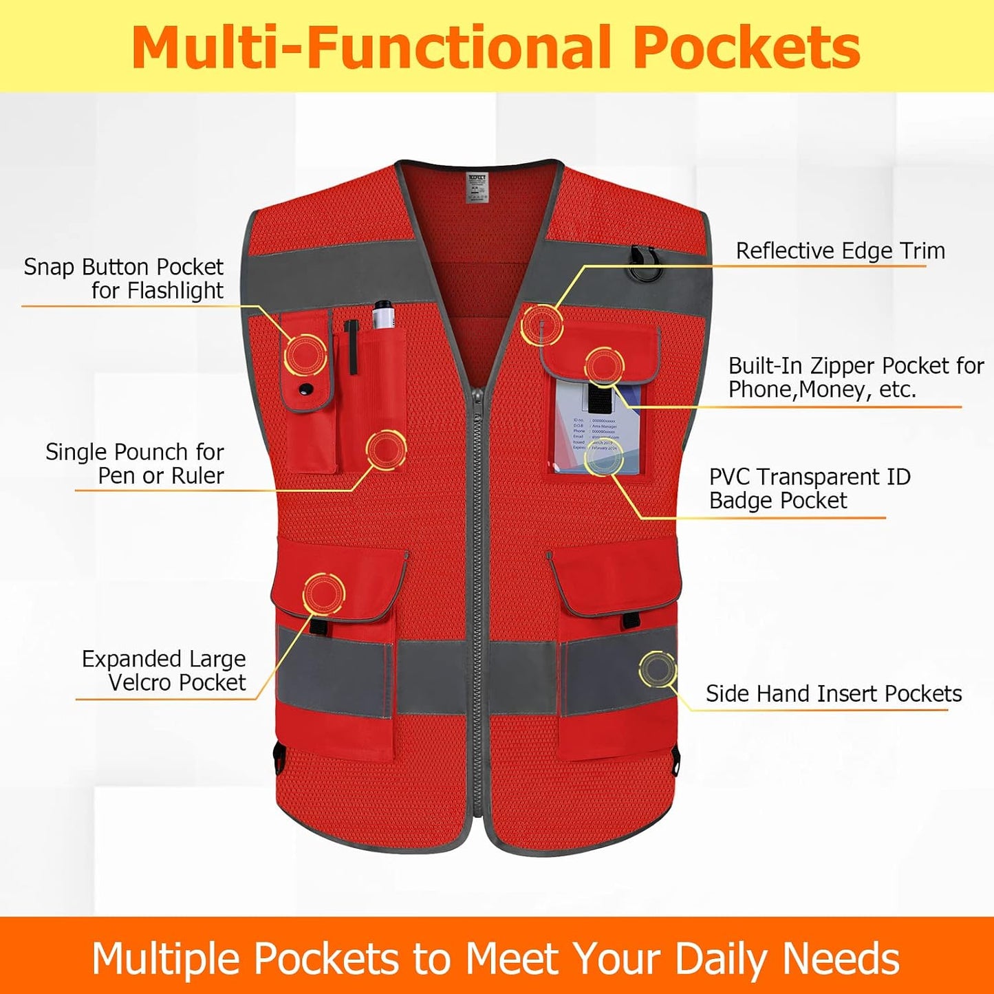 TCCFCCT Safety Vest for Men Women 9 Pockets High Visibility Vest for Safety, Reflective Work Vest with Reflective Strips, Meets ANSI/ISEA Standards, (Yellow, Large)