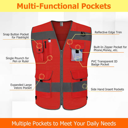 TCCFCCT Safety Vest for Men Women 9 Pockets High Visibility Vest for Safety, Reflective Work Vest with Reflective Strips, Meets ANSI/ISEA Standards, (Yellow, Large)