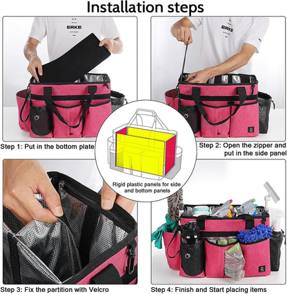 Large Cleaning Caddy Bag Built-in Sturdy Support Board, Cleaning Organizer with Detachable Divider, Cleaning Supply Tote with Adjustable Shoulder Strap&Waist Belt for Cleaners & Housekeeper