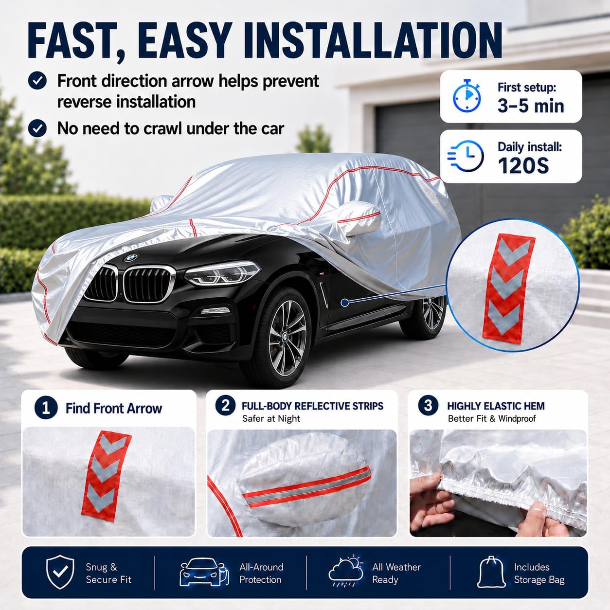 Car Cover for Sedan, Waterproof All Weather Heavy Duty, 360° Underbody Wrap Windproof Design, Quick Install Outdoor Vehicle Cover, Fits 186-193 in