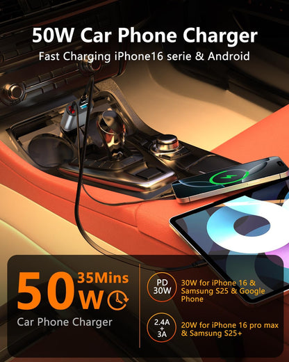 Retractable Car Charger,Car Phone Charger USB C Fast Charge,Cigarette Lighter USB Charger Car Accessories for Women,Road Trip Essentials Gift for Men,Car Charger for iPhone 17/16/15,Galaxy S26,Pixel