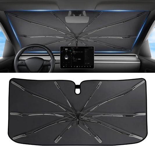 2026 Upgraded Windshield Sun Shade Umbrella [7-Layer Vinyl Coating Heat Shield] Foldable Front Window Sunshade Umbrella Flexible Handle Protect Interior from UV Keep Car Cooler (57" x 31")