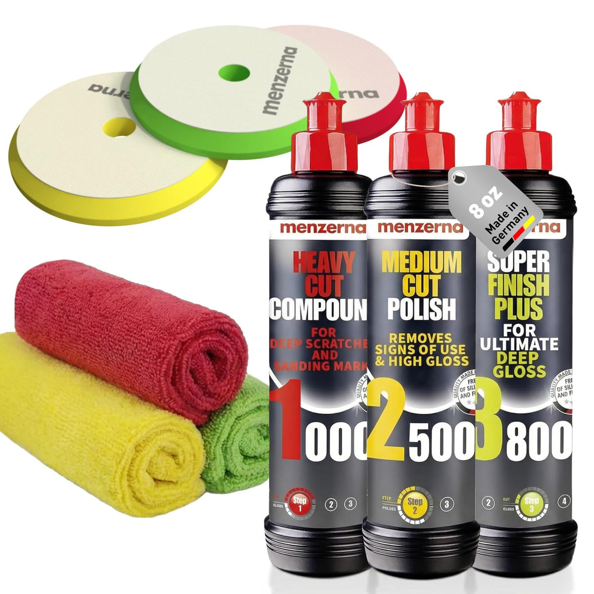 menzerna Polishing Set 8oz – HCC1000, MCC2500 & 3800 | 3-Step System for Scratch Removal, Swirl Elimination & Mirror-Like Finish