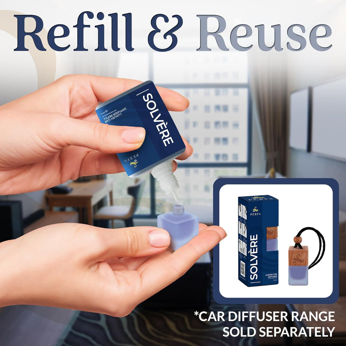 Solvère Car Air Freshener for Men | Perfume Style Freshener with Solvère Fragrance | Strong Freshener with Odour Eliminating Technology with Vent Clip | Car Air Freshener by Perfa