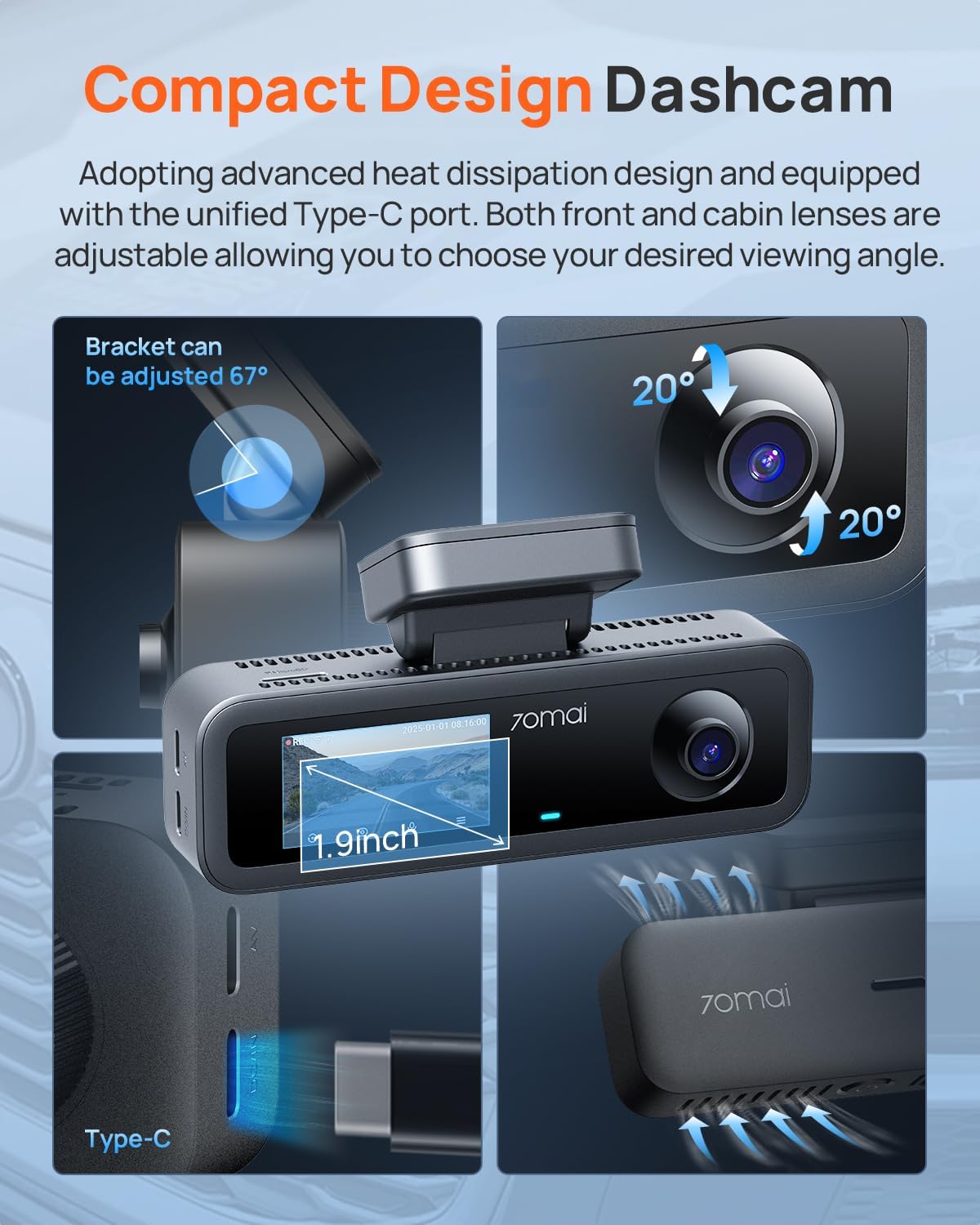 70mai 4K Dash Cam Front and Rear Inside, 3 Channel Car Dash Camera for Cars, Dashcam with GPS, Wi-Fi 6, Voice Control, Parking Monitor, Night Vision, Loop Recording, 64GB SD Card Included (T800E)