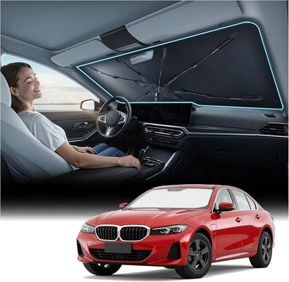 [Upgraded] Nmoiss Windshield Sun Shade Umbrella - [Vinyl Coating Heat Shield] Protect Car from Sun Rays & Heat Damage Keep Cool and Protect Interior, Spring Structure Edge Medium 56" L x 31" W