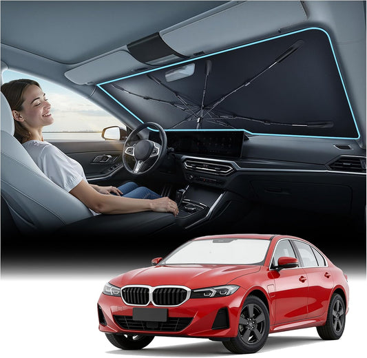 [Upgraded] Nmoiss Windshield Sun Shade Umbrella - [Vinyl Coating Heat Shield] Protect Car from Sun Rays & Heat Damage Keep Cool and Protect Interior, Spring Structure Edge Medium 56" L x 31" W