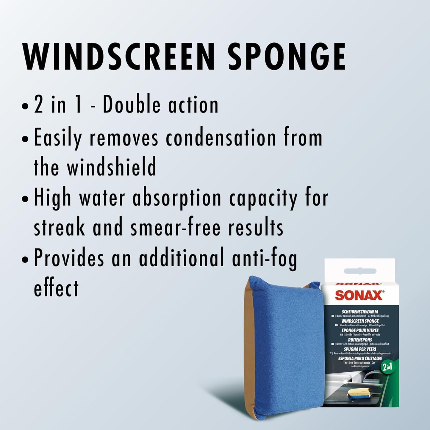 SONAX Windscreen Sponge 417100 | Dual Action Cleaning Tool for Streak Free Glass | Easily Removes Dirt Fog and Condensation from Windshields Windows and Mirrors | Compact and Reusable