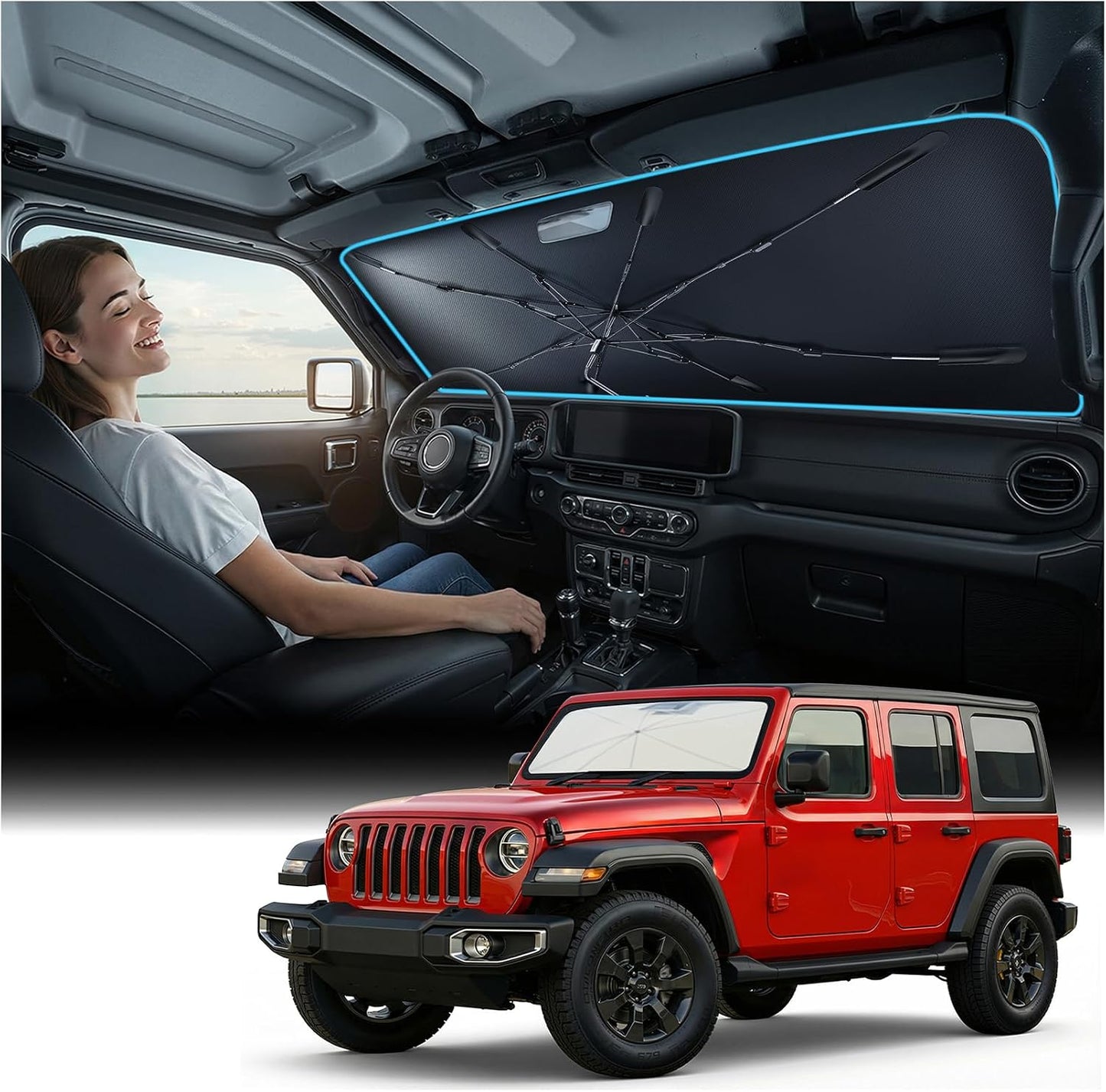 [Upgraded] Nmoiss Windshield Sun Shade Umbrella - [Vinyl Coating Heat Shield] Protect Car from Sun Rays & Heat Damage Keep Cool and Protect Interior, Spring Structure Edge Medium 56" L x 31" W