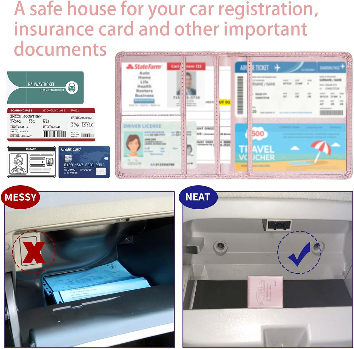 Car Registration and Insurance Card Holder - Leather Vehicle Glove Box Automobile Documents Paperwork Wallet Case Organizer for ID, Driver's License, Key, Cards - Car Accessories for Women&Men