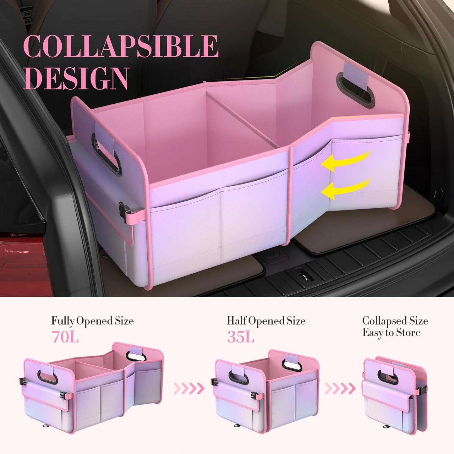 titiyiof Trunk Organizer For Suv & Sedan,Car Organizers and Storage, Waterproof Collapsible & Adjustable Straps,Sturdy Car Organization for Car Accessories, Tools,Food，Sundries,2-3 Compartment（Beige）