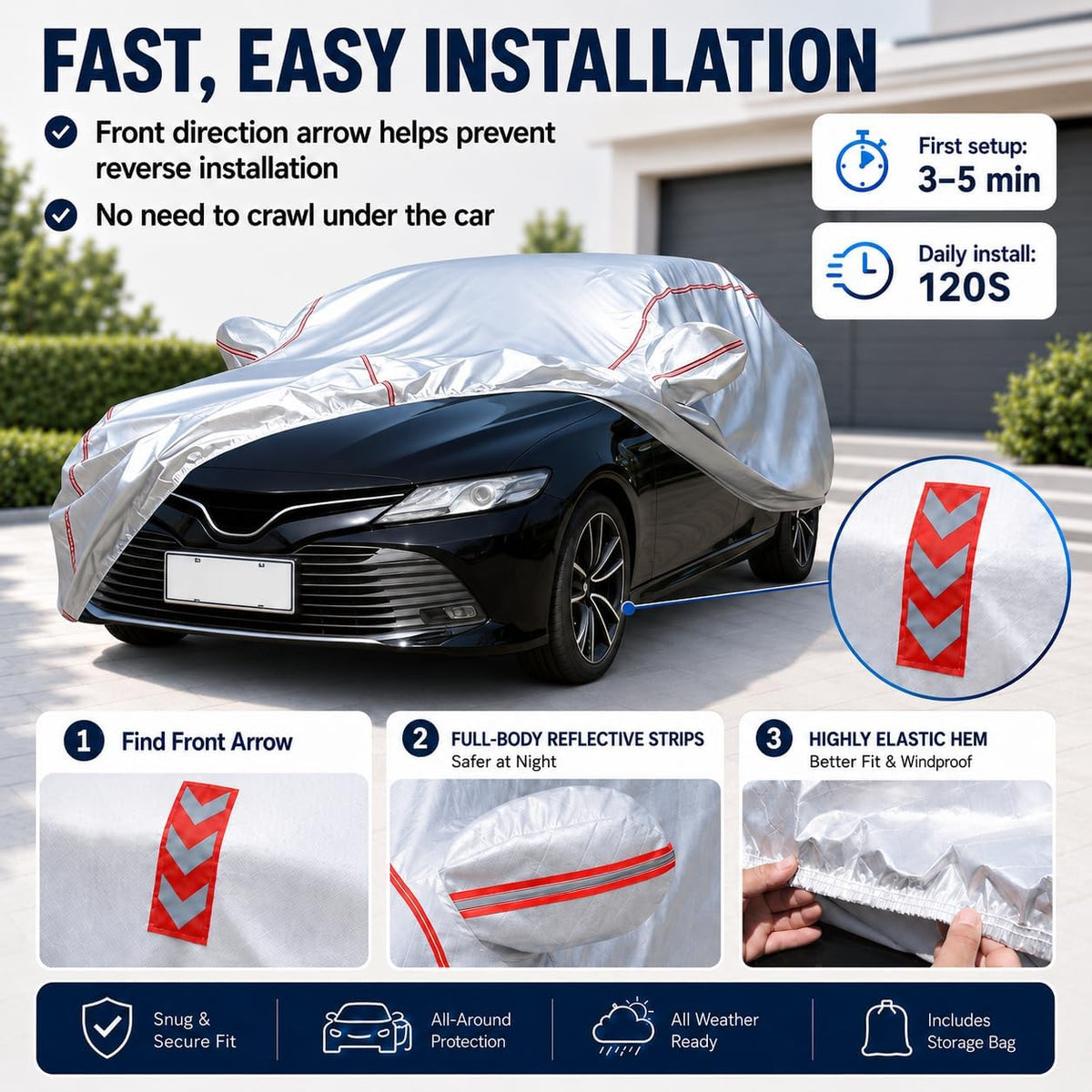 Car Cover for Sedan, Waterproof All Weather Heavy Duty, 360° Underbody Wrap Windproof Design, Quick Install Outdoor Vehicle Cover, Fits 186-193 in