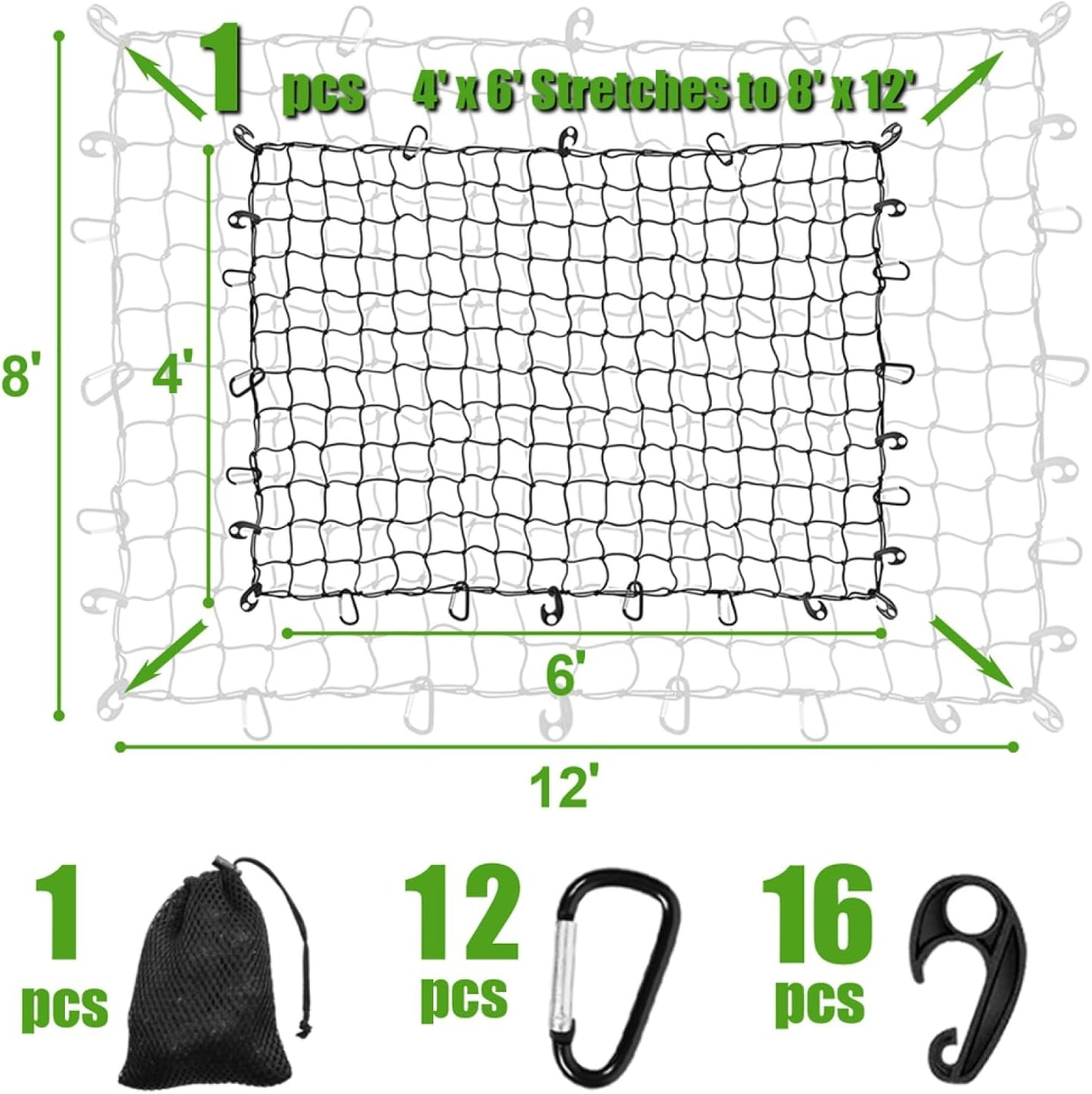 3' x 4' Cargo Net Stretches to 6' x 8', Heavy Duty Cargo Netting for Pickup Truck Bed, Roof Rack Net with Hooks Carabiners