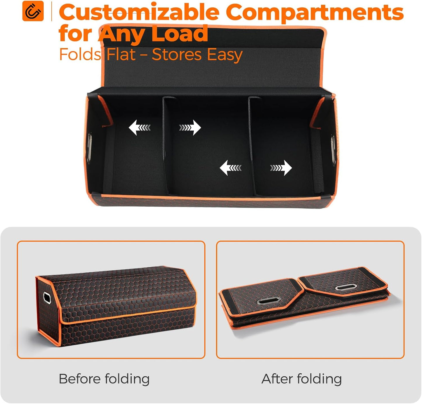 Fyzeoty Car Organizers for Trunk for Suv Sedan, Leather Storage Box,Magnetic Lid,Collapsible and Adjustable,16.5 inches