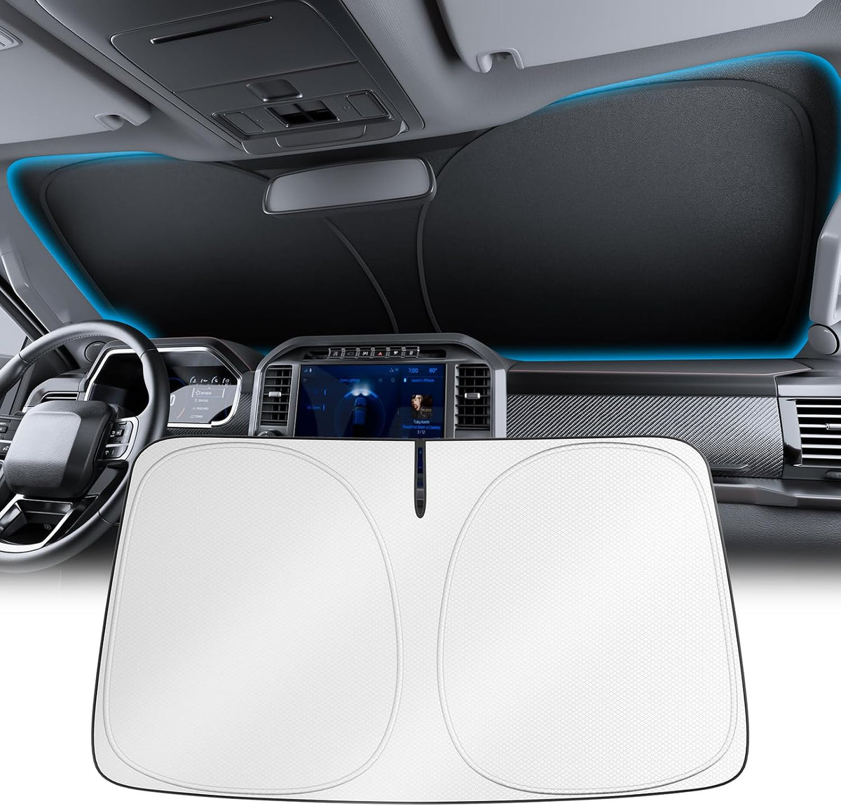 Wigoo Tesla New Model Y Accessories Windshield Sunshade [OEM Design, 100% Sun Blockage] Foldable Heat Insulation Sunshade with Storage Bag, for Model Y 2020~2026 (Juniper), Silver Coating - Colors B