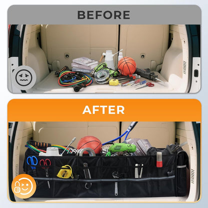 HIRALIY 4 in 1 Car Trunk Storage Organizer with Leakproof Cooler Bag, Multi-Compartment Foldable Trunk Storage Box for Car Truck SUV Black