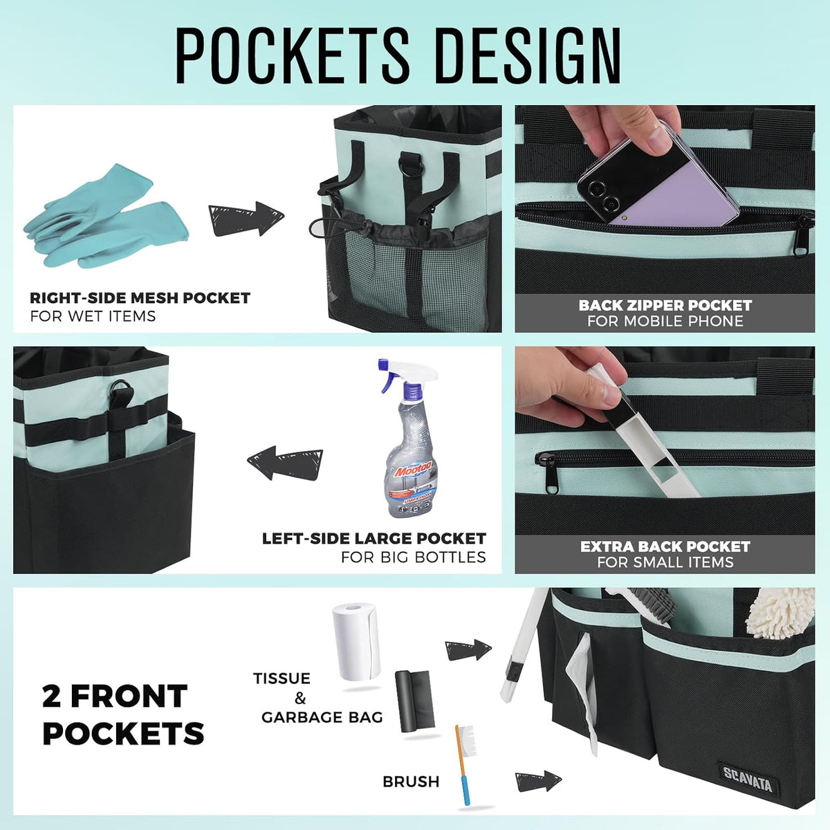 SCAVATA Compact Wearable Cleaning Caddy, Small Supplies Organizer with Handle & Shoulder Straps for Housekeepers, Under Sink & Car Cleaning Tool Organizer Bag (Black)
