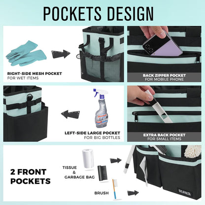 SCAVATA Compact Wearable Cleaning Caddy, Small Supplies Organizer with Handle & Shoulder Straps for Housekeepers, Under Sink & Car Cleaning Tool Organizer Bag (Black)