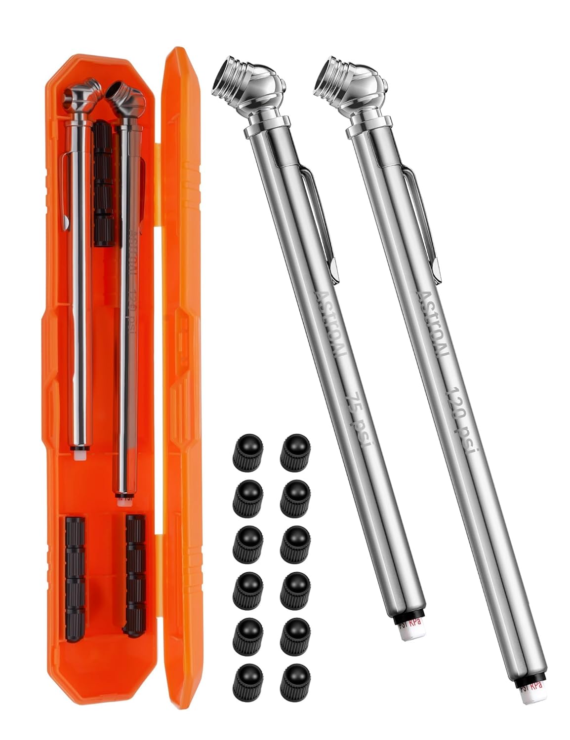 AstroAI Pencil Tire Pressure Gauge 2 Pack 10-75PSI, Calibrated to ANSI B40.1 Grade B (2%), Stainless Steel Body, Car Accessories with 3 Measurements for Cars, Bikes, Vehicles