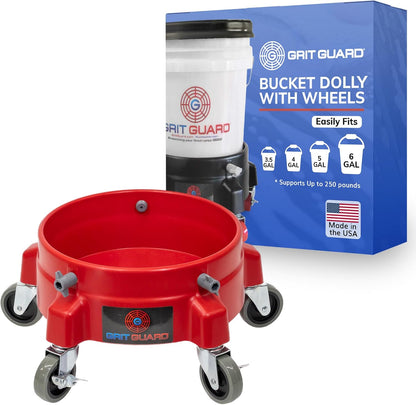GRIT GUARD Bucket Dolly with Wheels - Rolling Detailing Wash Bucket with 5 Wheels and 2 Locking Casters Compatible with 2.5, 4, 5 and 6 Gallon Buckets (Black, 2" Red Casters) - Made in the USA