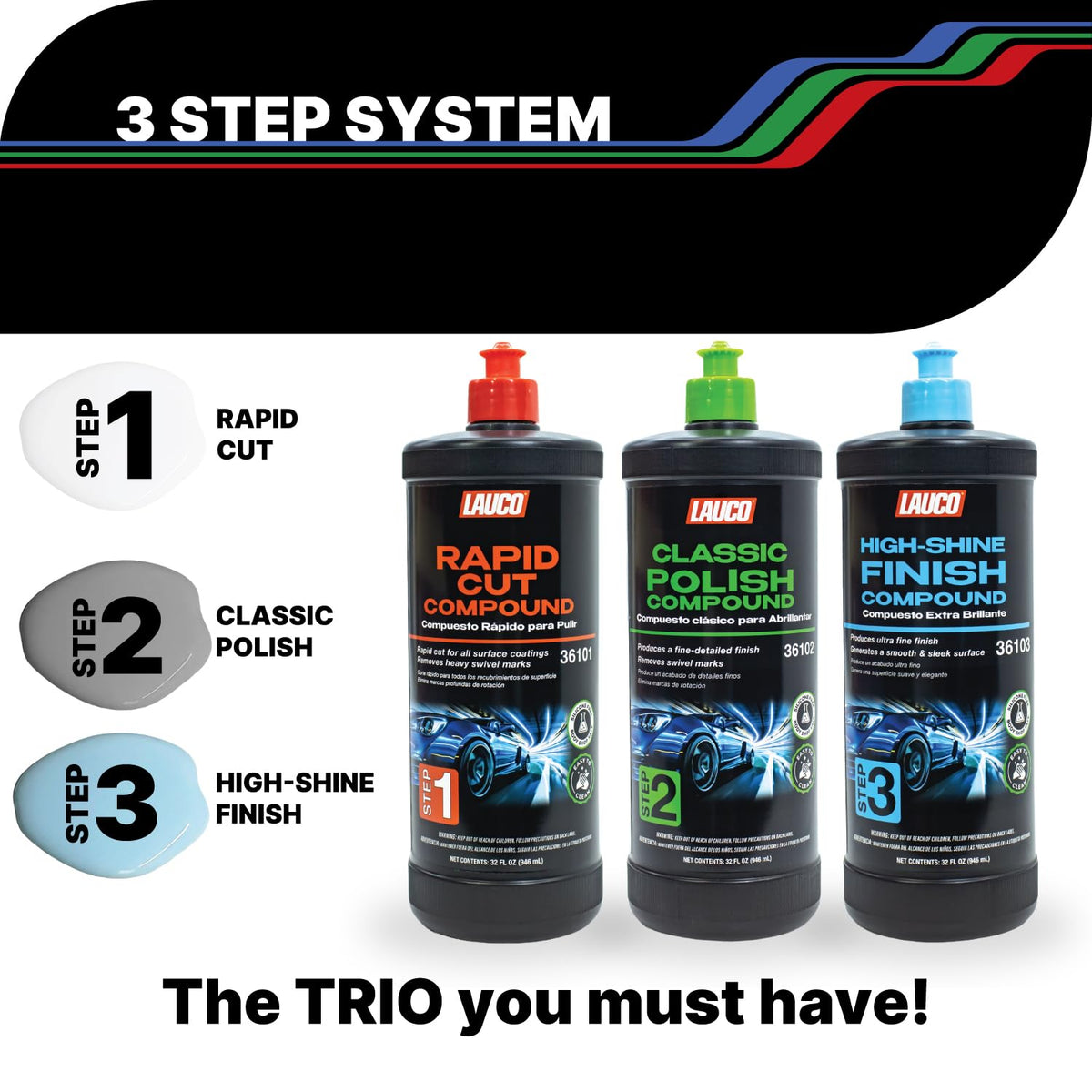 LAUCO Paint Correction Compounds Step 1, 2, 3, Swirl Remover 8oz Kits, with a Towel, Silicone-Free, Clear Coat Safe Scratch Remover, Swirl Correction & High Gloss Finishing