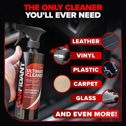 Carfidant Car Interior Cleaner – Stain Remover & Odor Eliminator – No Residue Finish – Safe on Leather, Fabric, Carpet & Plastic – Detailing Spray with Microfiber Towel – 18oz
