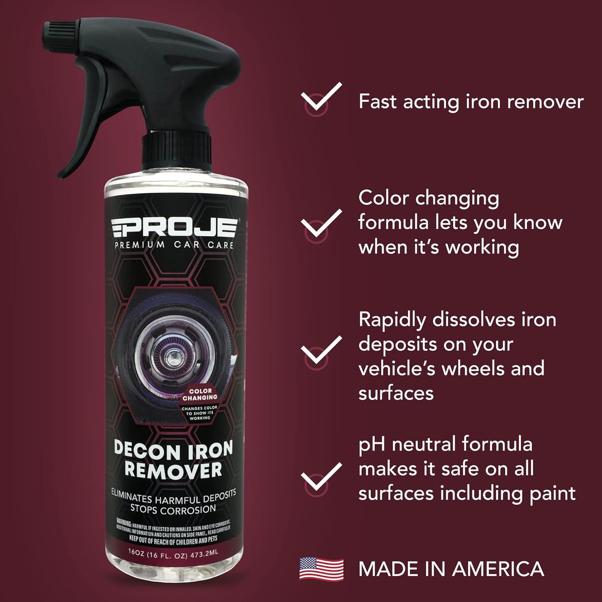 Proje Decon Iron Remover - Wheel, Paint, & Glass Decontamination Spray - Eliminates Brake Dust, Oxidation, & Fallout - Use Before Clay Bar, Wax or Car Wash - For Cars, Trucks, SUVs, & More - 16 Fl Oz