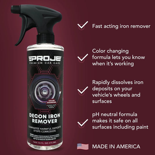 Proje Decon Iron Remover - Wheel, Paint, & Glass Decontamination Spray - Eliminates Brake Dust, Oxidation, & Fallout - Use Before Clay Bar, Wax or Car Wash - For Cars, Trucks, SUVs, & More - 16 Fl Oz