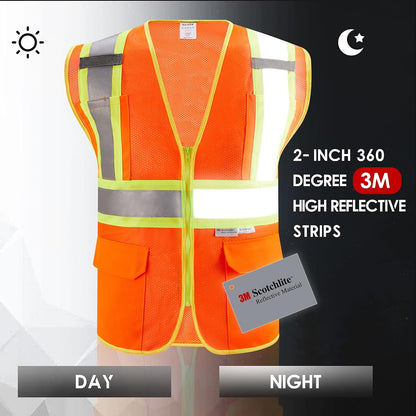 High Visibility Reflective Safety Vest with Zipper and Pockets Orange,M