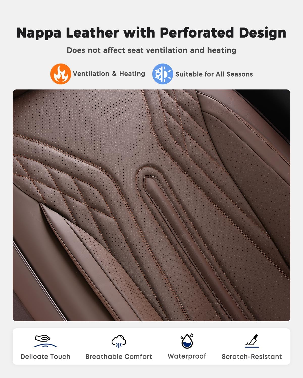 Huidasource Coffee Seat Covers Full Set, Universal Fit for Most Cars Trucks SUV, Full Coverage Leather Seat Cover, Airbag, Cupholder Compatible, Velcro Adjustable, Heaating/Cooling Function Retain