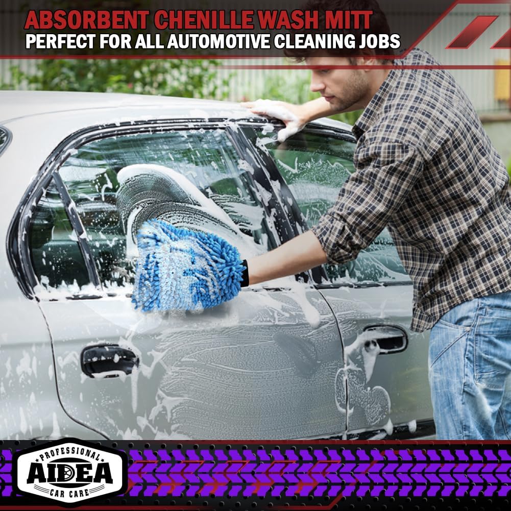 AIDEA Car Wash Mitt Microfiber, 1PK-Scratch-Free& Lint-Free, Premium Chenille Microfiber Mitt Car Wash Brush-Green Regular Size (7.12''X10.14'')