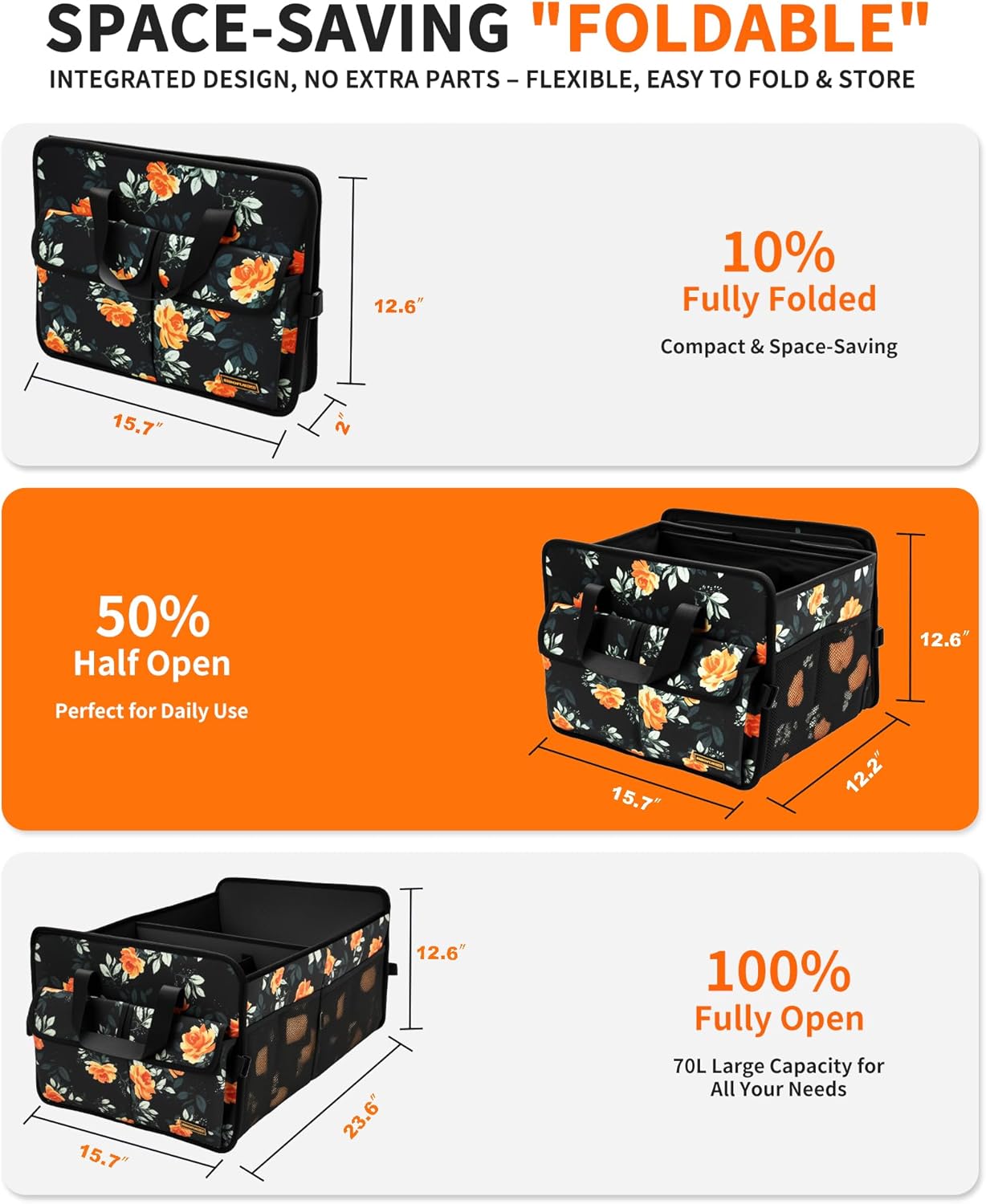 SIBOFUEGO Sturdy Car Trunk Organizer – Large Capacity Trunk Organizer for SUVs & Sedans, Hard-Shell One-Piece Design with Cute Print, Collapsible and Durable Car Organizers (Black Leopard 70L)