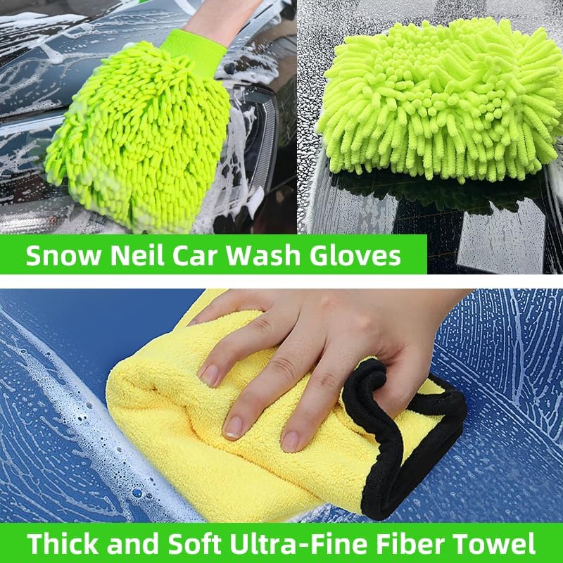 62" Car Wash Brush with Long Handle Chenille Microfiber Car Wash Mop Mitt, Wheel Brush, Windshield Window Squeegee, Car Duster Microfiber Towel, Gloves, for Cleaning Cars, RV, Truck, Boat